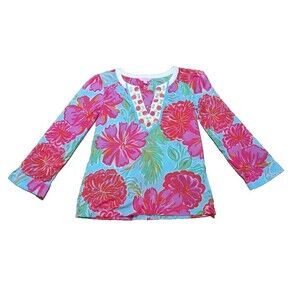 Lilly Pulitzer Women's Floral Blouse V-Neck w/ Embellishments Lagenlook Size XS